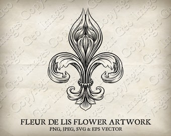 Fleur De Lis or fluer de lys flower lily royal medieval heraldic symbol tattoo drawing. With individual PNG, jpeg, EPS and SVG files