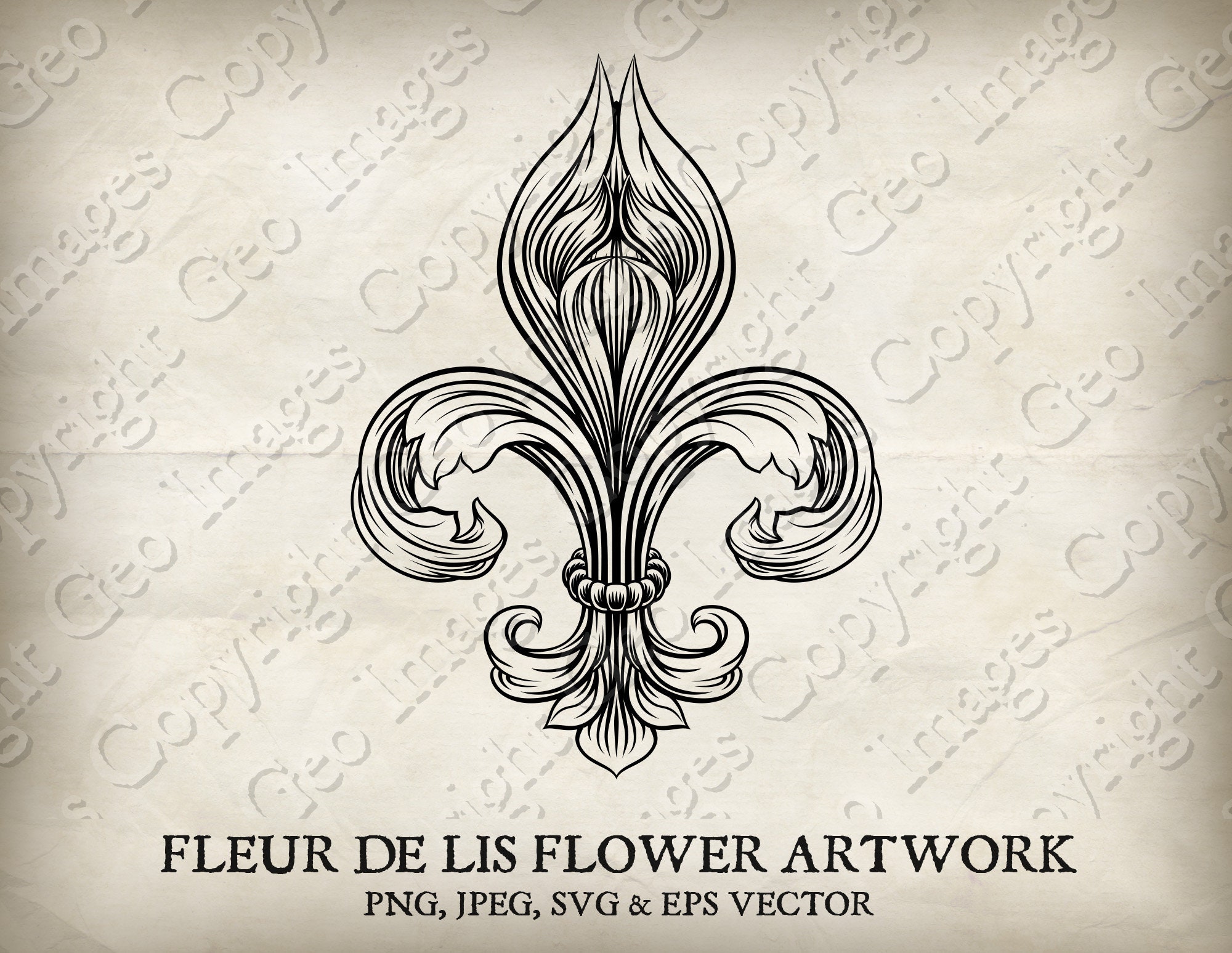 Fleur De Lis or fluer de lys flower lily royal medieval heraldic symbol  tattoo drawing. With individual PNG, jpeg, EPS and SVG files