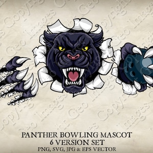 Panther Holding Bowling Ball Mascot Jaguar Panthers Logo Cartoon. 6 Versions. Ripped Through Background. Vector SVG, EPS, PNG, Jpeg