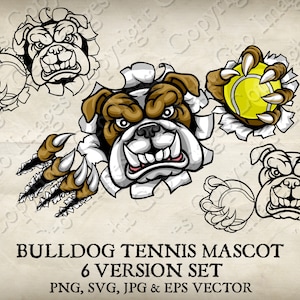 Bulldog Dog Holding Tennis Ball in Claw Mascot  Bulldogs Face Cartoon logo 6 Versions. Ripped Background. Vector SVG, EPS, PNG, and Jpg