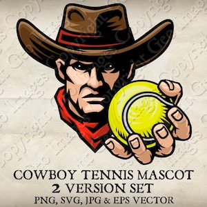 Cowboy Bandit Sheriff Western Tennis Ball Mascot. Cowboys Outlaw Team Sports Logo Cartoon. 2 Versions. Vector SVG, EPS and PNG, Jpeg files