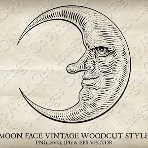 Moon with person or man in the moon face Illustration in a Vintage Woodcut Engraved Etching Style. Vector Svg, Eps And Transparent Png Files
