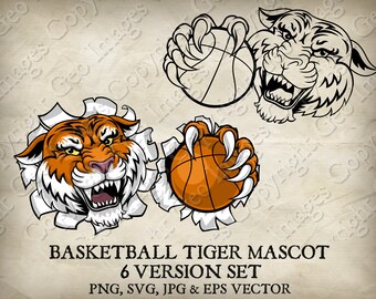Tigre sosteniendo una pelota de baloncesto con garras Mascota Dibujos animados de cara de tigre enojado en 6 versiones. Arrancado a través del fondo. Vectores SVG, EPS, PNG, Jpeg
