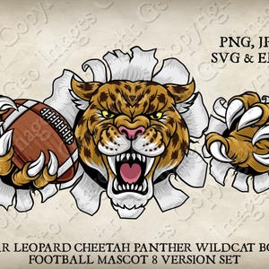 Jaguar Leopard Cheetah Panther Wildcat Bobcat Cat American Football Ball Team Mascot Logo Cartoon. 8 Versions. Vector SVG, EPS, PNG & Jpeg
