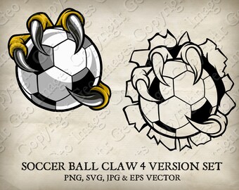 May include: A black and white illustration of a soccer ball being gripped by a large, clawed hand. The hand is breaking through a surface, with jagged edges around the hand. The soccer ball is in the center of the image.
