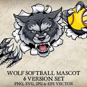 Lobo segurando bola de softball mascote do logotipo dos lobos de madeira. 6 versões. Fundo rasgado. Vetor SVG, EPS, PNG, JPEG