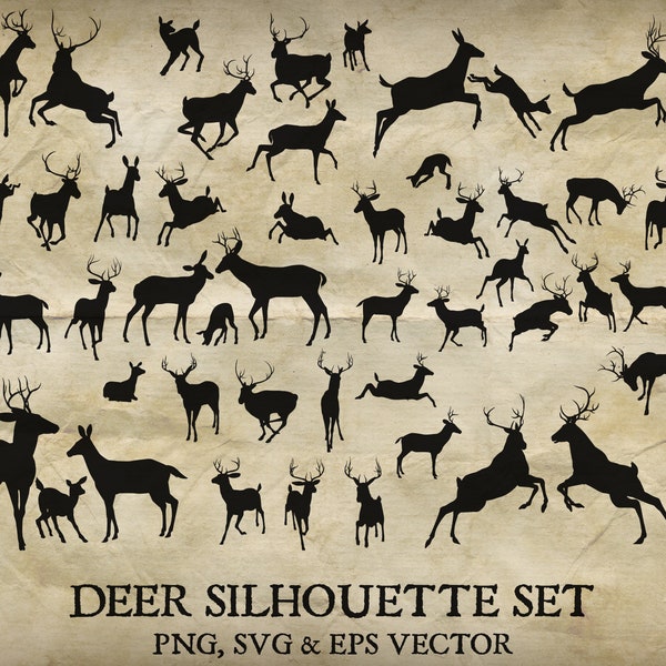 Deer Animal Silhouette Set. Bucks, Stags, Does and Fawn Family. Jumping, Fighting and Other Poses. Detailed SVG, EPS Vector And PNG Files