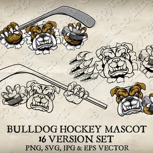 Bulldog Dog Hockey Mascot Bulldogs Logo Cartoon. 16 Versions. Holding Ice Hockey Puck and Stick Ripped Background. Vector SVG, EPS, PNG, Jpg