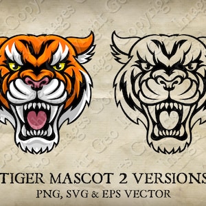 May include: Two versions of a tiger mascot, one in orange and black, the other in black and white. Both tigers have a fierce expression with their mouths open and teeth showing.