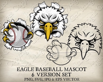 May include: A set of six digital illustrations featuring a fierce eagle mascot holding a baseball. The eagle is depicted in various poses, including breaking through a wall and holding a baseball in its talons. The illustrations are available in PNG, SVG, JPG, and EPS vector formats.