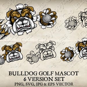 Bulldog Dog Holding Golf Ball in Claw Mascot  Bulldogs Face Cartoon logo 6 Versions. Ripped Background. Vector SVG, EPS, PNG, and Jpg