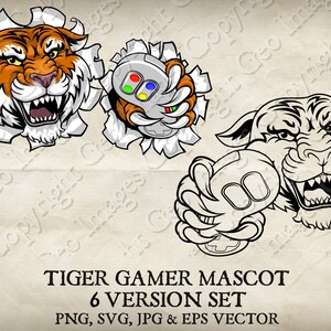 Tiger Gamer houdt videogamecontroller in klauwen Clip Art Cartoon Logo 6 versies. Gescheurd door de achtergrond. Vector-SVG, EPS, PNG, JPEG
