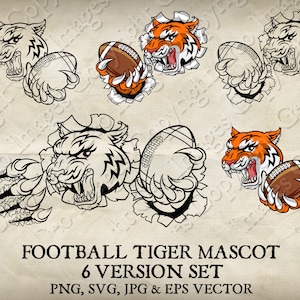 Tiger Holding American Football Ball in Claws Mascot Tigers Logo Cartoon. 6 Versions. Ripped Through Background. Vector SVG, EPS, PNG, Jpeg