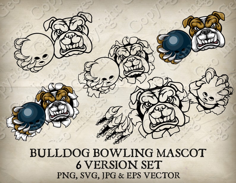 Bulldog Dog Holding Bowling Ball in Claw Mascot Bulldogs Face Cartoon