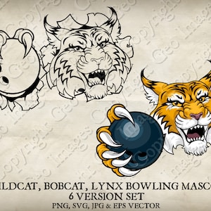 Wildcat Bobcat Cougar Lynx Lion Holding Bowling Ball Mascot Wildcats Bobcats Cougars Logo Cartoon. 6 Versions. Vector SVG, EPS, PNG, Jpeg
