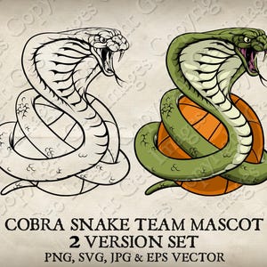 Puede incluir: Una ilustración en blanco y negro de una cobra envuelta alrededor de una pelota de baloncesto. Una ilustración en verde y marrón de la misma cobra envuelta alrededor de una pelota de baloncesto.