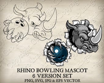 Noshörning, bowlingklot, sportmaskot, noshörningar, sportlogotyp, tecknad film. 6 versioner. Riven bakgrund. Vektor SVG, EPS, PNG, Jpg