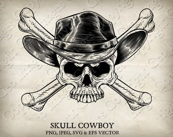Cowboy schedel koe jongen hoed piraat gekruiste knekels westerse sheriff jolly roger vector grim reaper skelet. PNG-, jpeg-, EPS- en SVG-bestanden