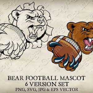 Bear Grizzly American Football Ball Claws Mascot Bears Logo Cartoon. 6 Versions. Ripped Background. Vector SVG, EPS, PNG, Jpg
