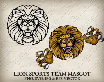 May include: A black and white line art illustration of a lion's head with a roaring expression. Below the lion's head is a colored illustration of a lion's paw with claws extended. The text "LION SPORTS TEAM MASCOT" is below the images. The text "PNG, SVG, JPG & EPS VECTOR" is below the first line of text.