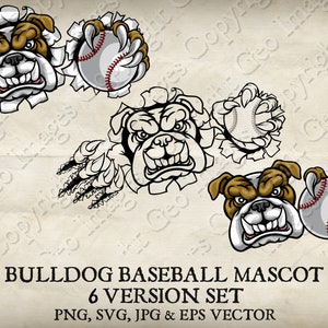 Bulldog Dog Holding Baseball Ball in Claw Mascot  Bulldogs Face Cartoon logo 6 Versions. Ripped Background. Vector SVG, EPS, PNG, and Jpg