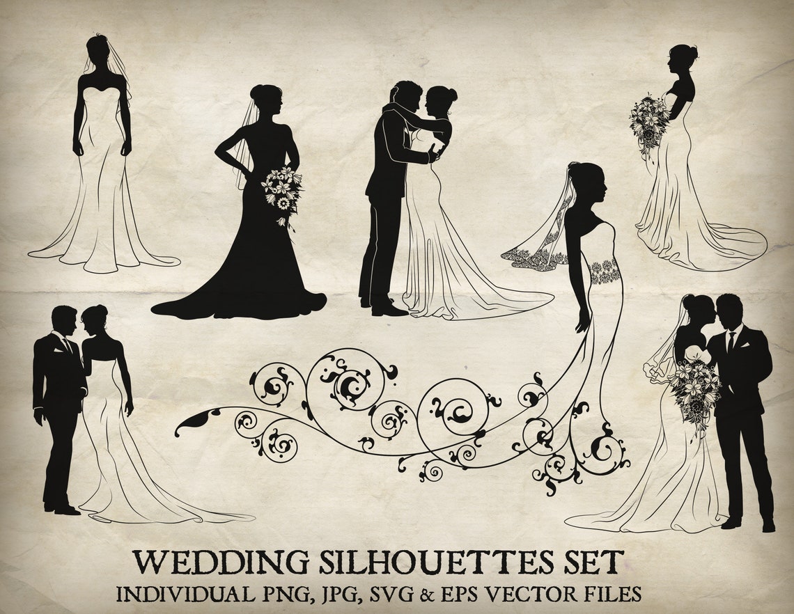 Bride and Groom Wedding Silhouette Vector Set. Each of the Silhouettes ...