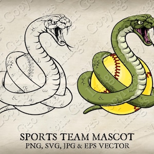 Peut inclure: Illustration d'un serpent vert enroulé autour d'une balle de baseball jaune, la tête du serpent levée et la gueule ouverte. Une version en noir et blanc est également présentée. L'image est intitulée "SPORTS TEAM MASCOT".