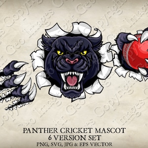 Pantera segurando a mascote da bola de críquete Jaguar Panthers Logo Cartoon. 6 versões. Rasgado através do fundo. Vetor SVG, EPS, PNG, JPEG