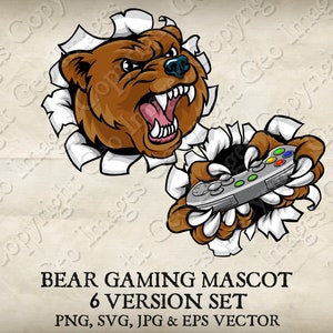 Bear Grizzly Gamer Holding Video Gaming Game Controller in Claws Clip Art Cartoon Logo 6 Versions. Vector SVG, EPS, PNG, Jpg