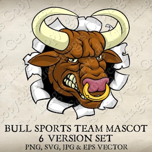 Mascote Bull Minotauro Buffalo Vaca Angry Sports Team Mascote Bulls Logo Sport Cartoon. 6 Versões. Vetor SVG, EPS, PNG, Jpeg