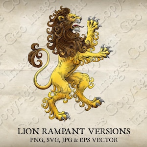 Puede incluir: Ilustración heráldica de un león dorado rampante con melena y cola marrón, sobre un fondo de pergamino. El león está en una pose dinámica, con el texto "LION RAMPANT VERSIONS" en la parte inferior.