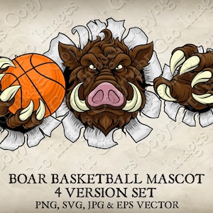 Jabalí, jabalí salvaje, jabalí, cerdo, pelota de baloncesto, garras, mascota, logotipo de jabalí, dibujos animados, 4 versiones, fondo rasgado, vectores SVG, EPS, PNG, Jpg