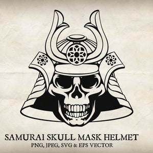 Pode incluir: Ilustração em preto e branco de uma caveira de samurai usando um capacete com um design floral. O texto "SAMURAI SKULL MASK HELMET" está abaixo da imagem. O texto "PNG, JPEG, SVG & EPS VECTOR" está abaixo do texto.