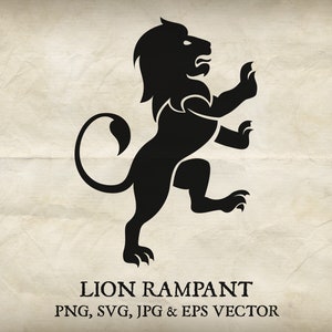 Leão em pé rampante nas patas traseiras Brasão heráldico Brasão de armas Heráldica. Quatro arquivos Vector Svg, Eps e Png, Jpg Escudo Design Ilustração