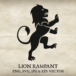 Lion Standing Rampant on Hind Legs Heraldic Crest Coat of Arms Heraldry. Four files Vector Svg, Eps and Png, Jpg Shield Design Illustration