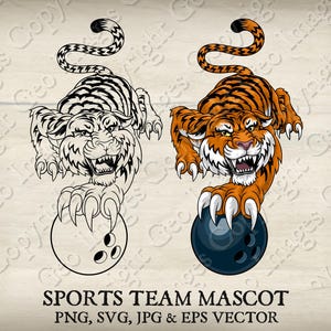 Tiger Bowling Mascot Prowling With Bowling Ball in Claws Mascot Angry Tigers Cartoon. Vector SVG, EPS, PNG, Jpeg