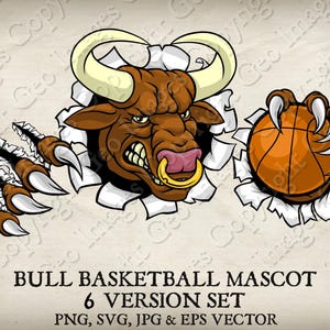 Bull Minotaur Buffalo Cow Holding Basketball Ball Angry Sports Team Mascot Bulls Logo Cartoon. 6 Versions. Vector SVG, EPS, PNG, Jpeg