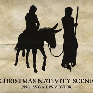 Kerst kerststal silhouet. Jozef en Maria lopen op ezel. Christelijke religieuze illustratie PNG, SVG, EPS-vectorbestanden inbegrepen