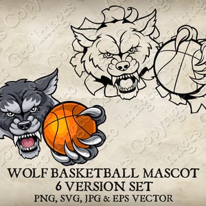 Wolf Holding Basketball Ball Team Mascot Timber Wolves Logo Cartoon. 6 Versions. Ripped Background. Vector SVG, EPS, PNG, Jpeg