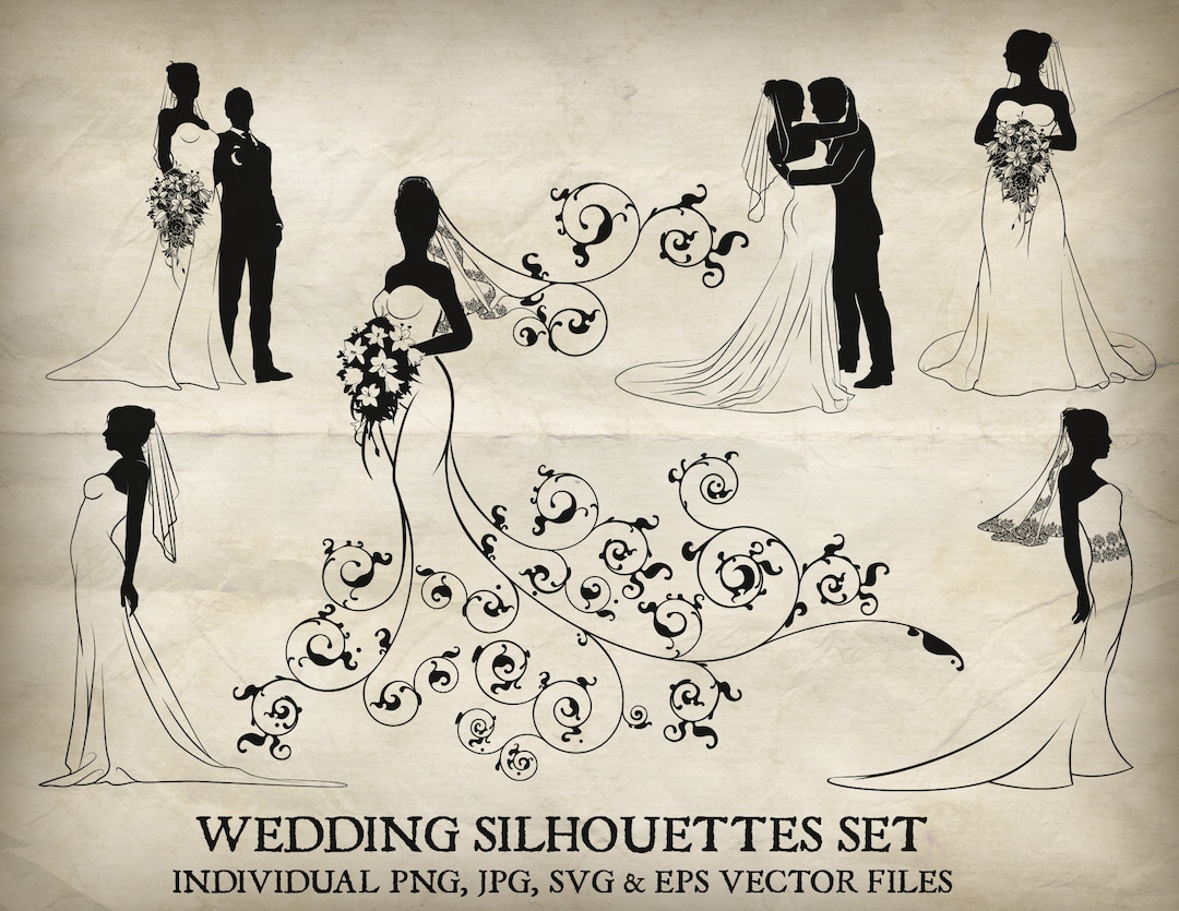 Bride and Groom Wedding Silhouette Vector Set. Each of the Silhouettes ...