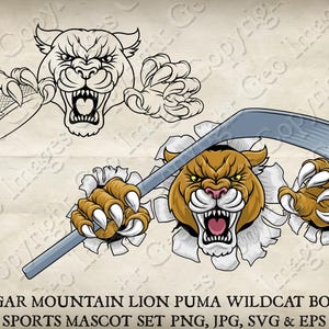 Cougar Ice Hockey Wildcat Bobcat Puma Mountain Lion Ice Hockey Puck Stick Team Mascot Logo Cartoon. 16 Versions. Vector SVG, EPS, PNG & Jpeg