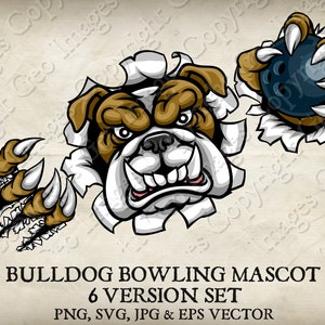 Bulldogge Hund mit Bowlingkugel in Klaue Maskottchen Bulldoggen Gesicht Cartoon Logo 6 Versionen. Gerippter Hintergrund. Vektor SVG, EPS, PNG und Jpg