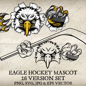 Adler Falke Falke Vogel hält Eishockey Puck Stick Sport Maskottchen Weißkopfseeadler Falken Logo Cartoon. 16 Versionen. Vektor SVG, EPS, PNG, JPEG