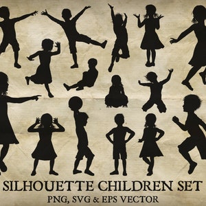 Silhouette kleine Kinder oder Kinder, Jungen und Mädchen, springen, laufen und spielen detaillierte hochwertige SVG-, EPS-, Vektor- und PNG-Dateien
