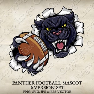 Panther Holding American Football Ball Mascot Jaguar Panthers Logo Cartoon. 6 Versions. Ripped Background. Vector SVG, EPS, PNG, Jpeg