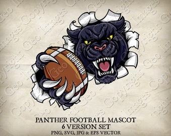 Panther Holding American Football Ball Mascot Jaguar Panthers Logo Cartoon. 6 Versions. Ripped Background. Vector SVG, EPS, PNG, Jpeg