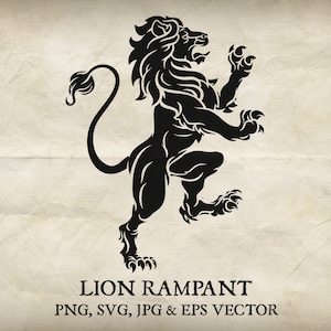 Lejon stående, skenande på bakbenen, heraldiskt vapen, vapensköld, heraldik. Fyra filer, vektor Svg, Eps och Png, Jpg, skölddesign, illustration