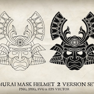 Pode incluir: Duas versões de um capacete de máscara de samurai, uma em preto e outra em branco. A máscara tem uma expressão feroz com um nariz grande e olhos grandes. O capacete é decorado com detalhes intrincados e um grande chifre curvo.