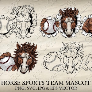 Horse Baseball Mustang Bronco Stallion Holding Ball Sports Team Mascot Mustangs Stallions Broncos Logo Cartoon SVG EPS PNG Jpeg. 8 Set