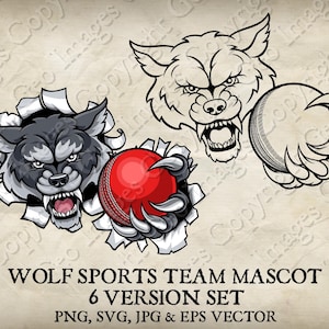 Lobo Lobisomem Segurando Bola de Críquete na Garra Mascote Coiote Irritado Cão Lobos Logotipo da Equipe Esportiva Desenho Animado. 6 Versões Vetor SVG EPS PNG e Jpeg
